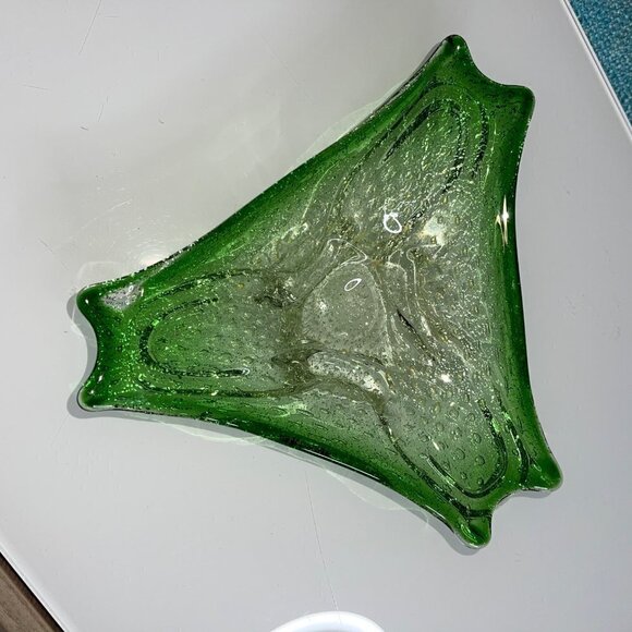 Murano Art Glass Bowl Green Gold Flecks Controlled Bubbles Bullicante MCM - Picture 4 of 15